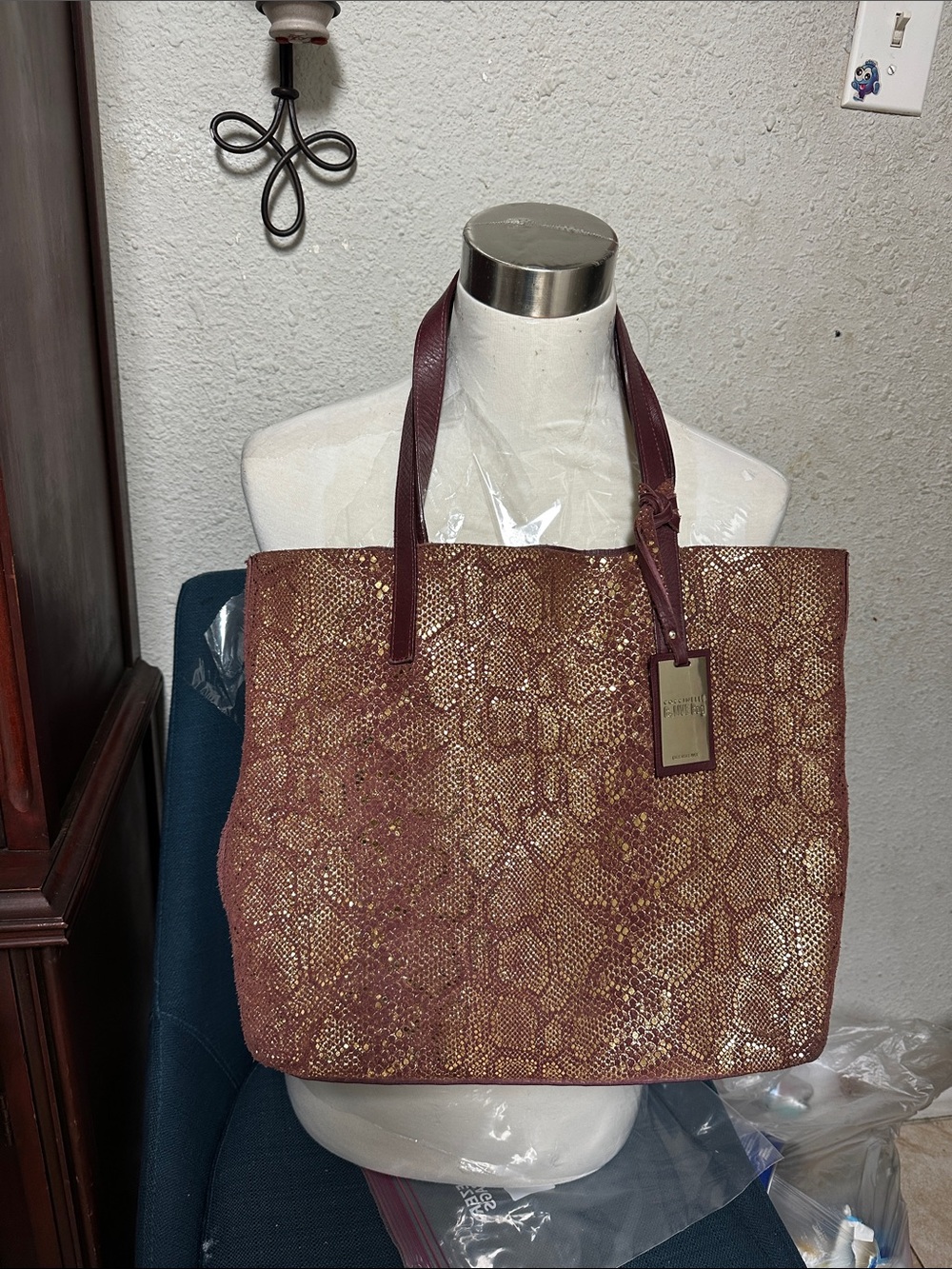 Metallic Burgundy Snake-Print Tote Bag with Gold Accents